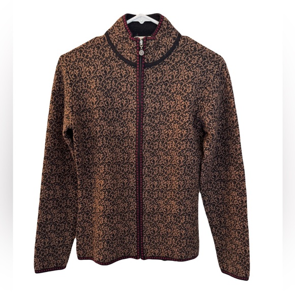 Women's Neve Designs Full Zip Wool Sweater Nordic Floral, Black Brown, Size S - Picture 1 of 10